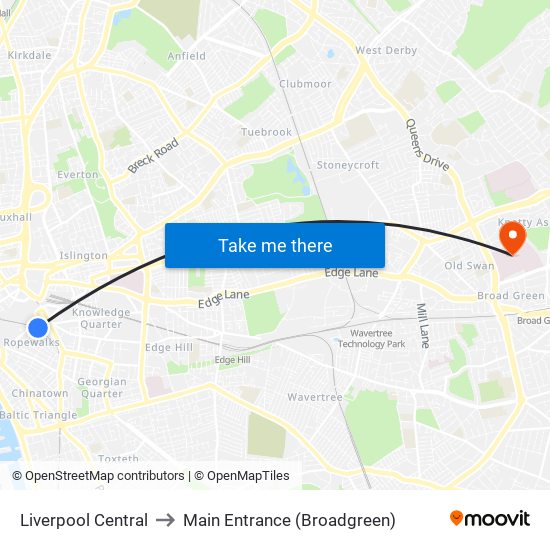 Liverpool Central to Main Entrance (Broadgreen) map