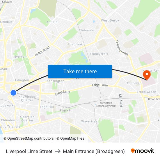 Liverpool Lime Street to Main Entrance (Broadgreen) map