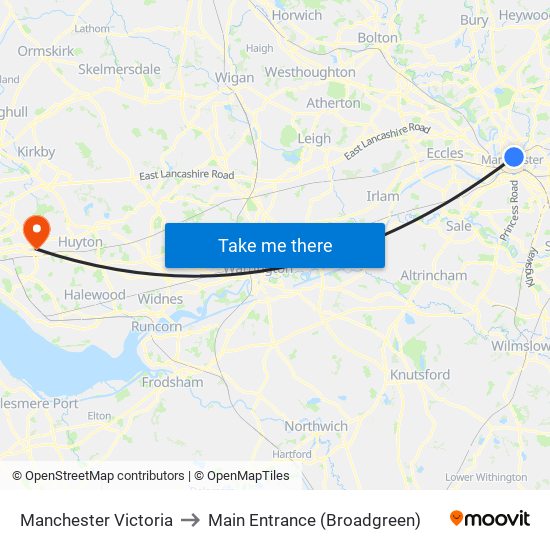 Manchester Victoria to Main Entrance (Broadgreen) map