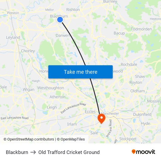 Blackburn to Old Trafford Cricket Ground map