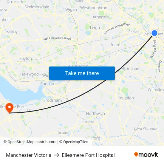 Manchester Victoria to Ellesmere Port Hospital map
