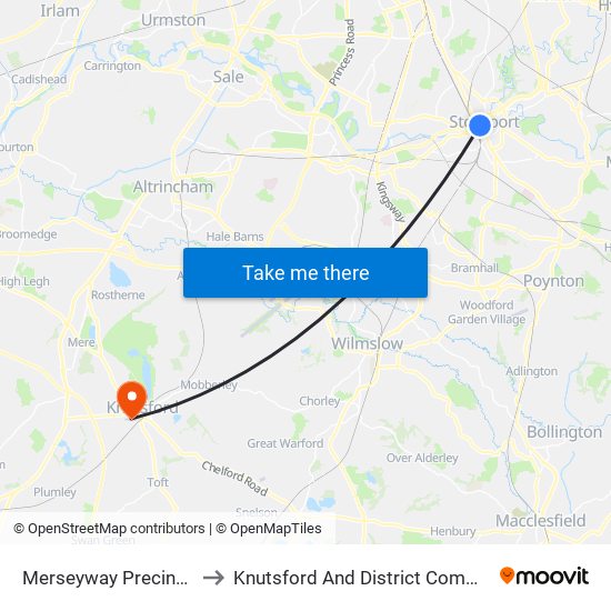 Merseyway Precinct (Stop D) to Knutsford And District Community Hospital map