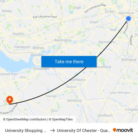 University Shopping Centre (Stop E) to University Of Chester - Queen's Park Campus map