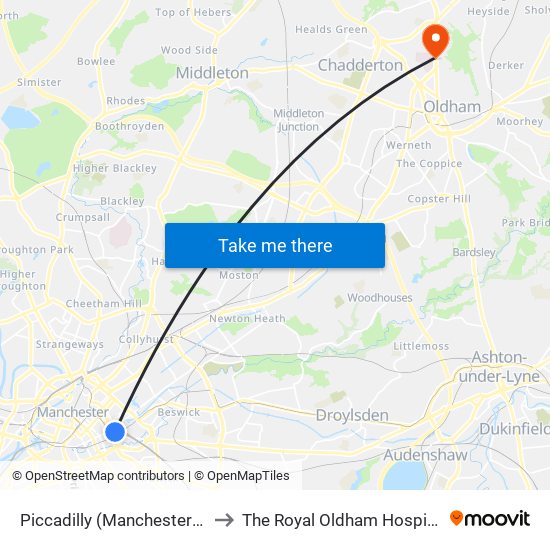 Piccadilly (Manchester Metrolink) to The Royal Oldham Hospital Car Park map