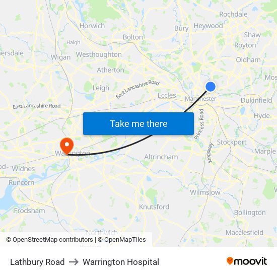 Lathbury Road to Warrington Hospital with public transportation