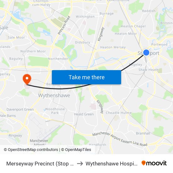 Merseyway Precinct (Stop D) to Wythenshawe Hospital map