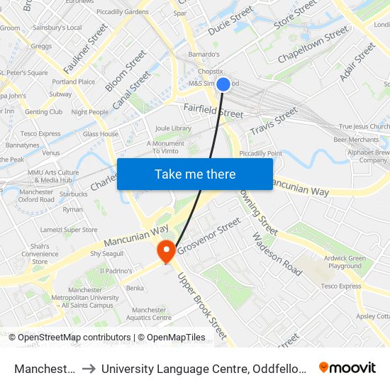 Manchester Piccadilly to University Language Centre, Oddfellows Hall, The University of Manchester map