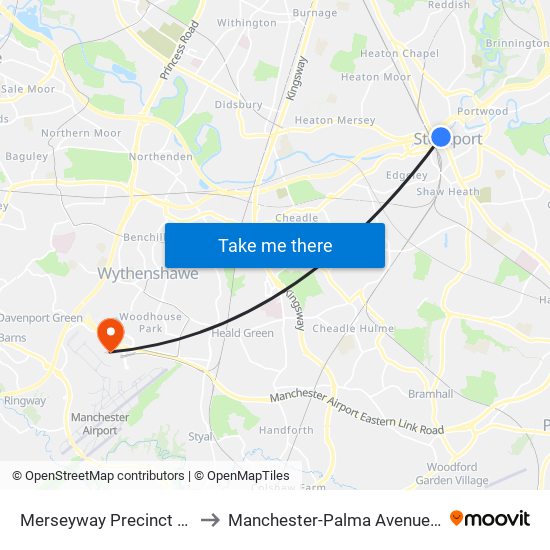 Merseyway Precinct (Stop D) to Manchester-Palma Avenue Entrance map