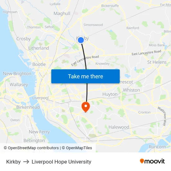 Kirkby to Liverpool Hope University map