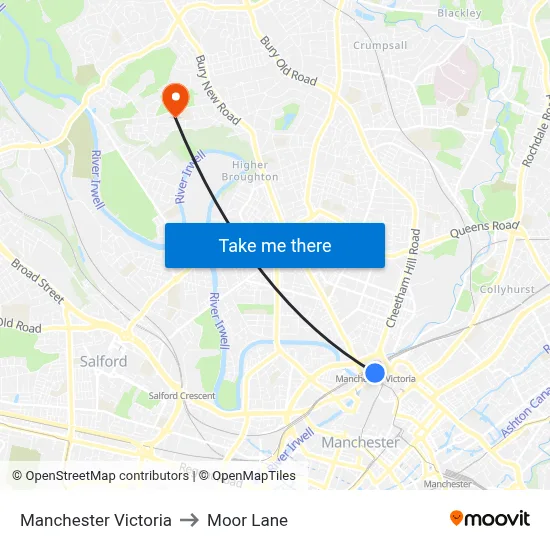 Manchester Victoria to Moor Lane map