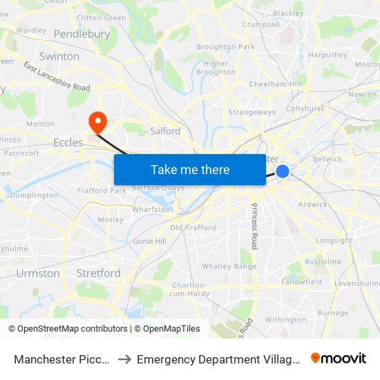 Manchester Piccadilly to Emergency Department Village (A&E) map