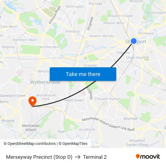 Merseyway Precinct (Stop D) to Terminal 2 map