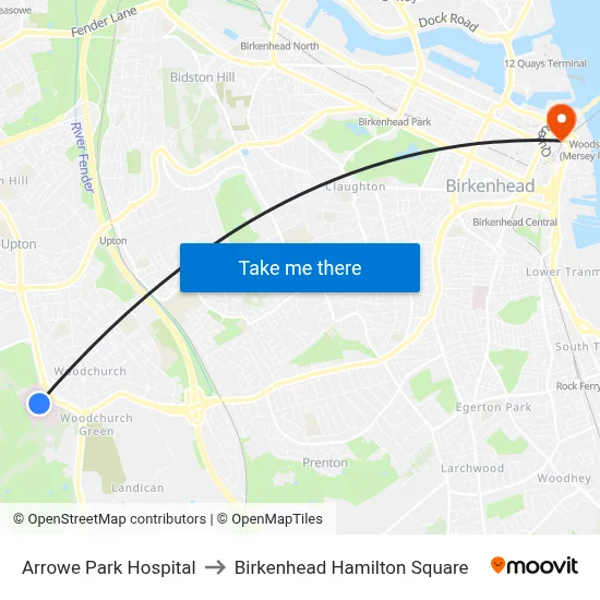 Arrowe Park Hospital to Birkenhead Hamilton Square map
