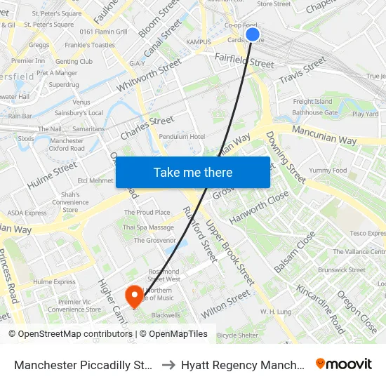 Manchester Piccadilly Station to Hyatt Regency Manchester map