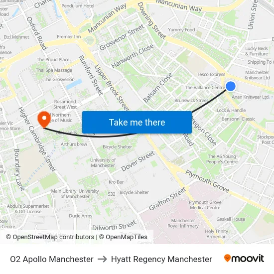 O2 Apollo Manchester to Hyatt Regency Manchester map