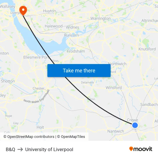 B&Q to University of Liverpool map