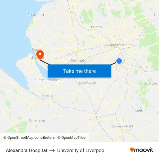 Alexandra Hospital to University of Liverpool map