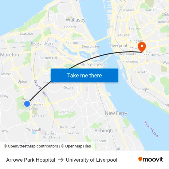 Arrowe Park Hospital to University of Liverpool map