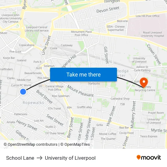 School Lane to University of Liverpool map