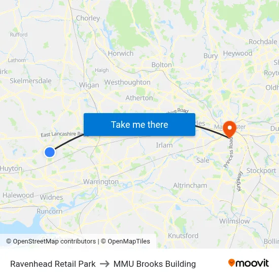 Ravenhead Retail Park to MMU Brooks Building map