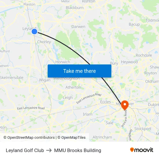Leyland Golf Club to MMU Brooks Building map
