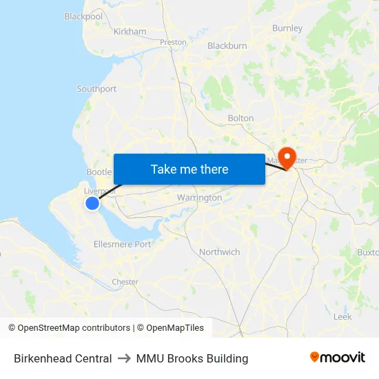 Birkenhead Central to MMU Brooks Building map