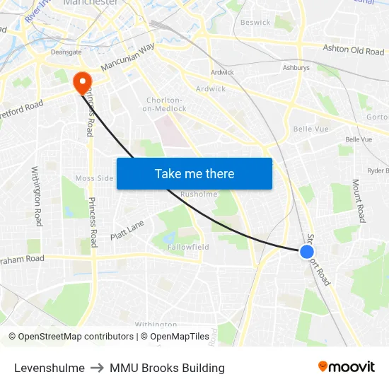Levenshulme to MMU Brooks Building map