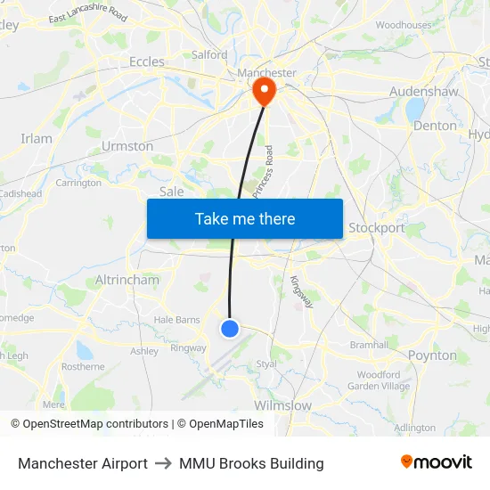 Manchester Airport to MMU Brooks Building map