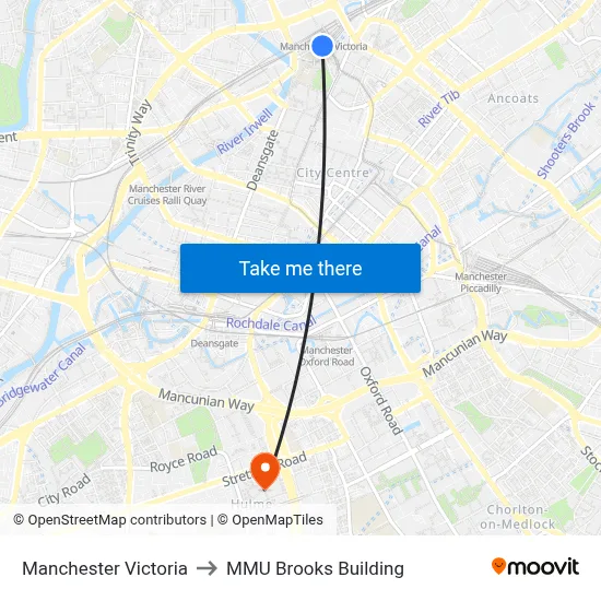 Manchester Victoria to MMU Brooks Building map