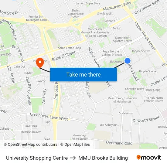 University Shopping Centre to MMU Brooks Building map