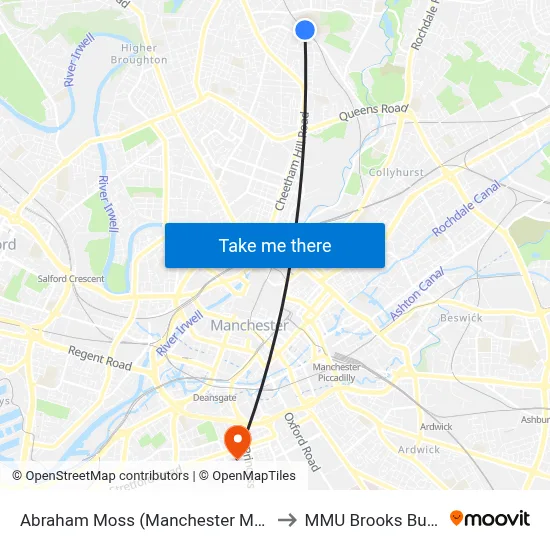 Abraham Moss (Manchester Metrolink) to MMU Brooks Building map