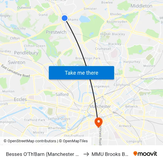 Besses O'Th'Barn (Manchester Metrolink) to MMU Brooks Building map