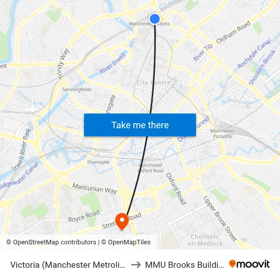 Victoria (Manchester Metrolink) to MMU Brooks Building map
