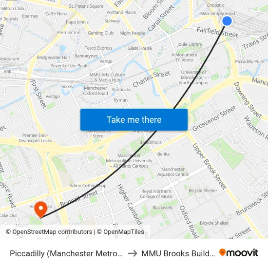 Piccadilly (Manchester Metrolink) to MMU Brooks Building map