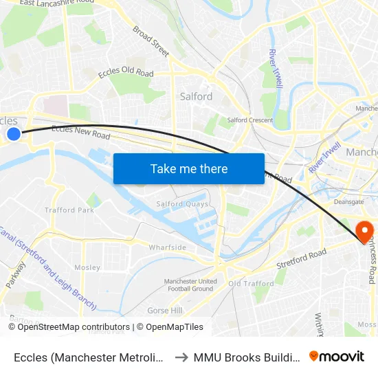 Eccles (Manchester Metrolink) to MMU Brooks Building map