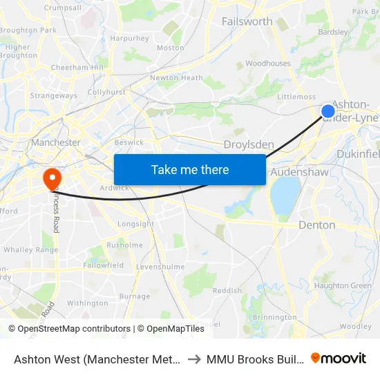 Ashton West (Manchester Metrolink) to MMU Brooks Building map