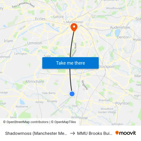 Shadowmoss (Manchester Metrolink) to MMU Brooks Building map