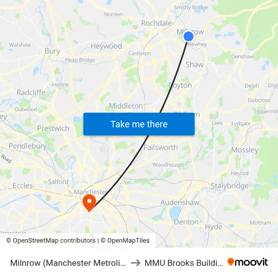 Milnrow (Manchester Metrolink) to MMU Brooks Building map