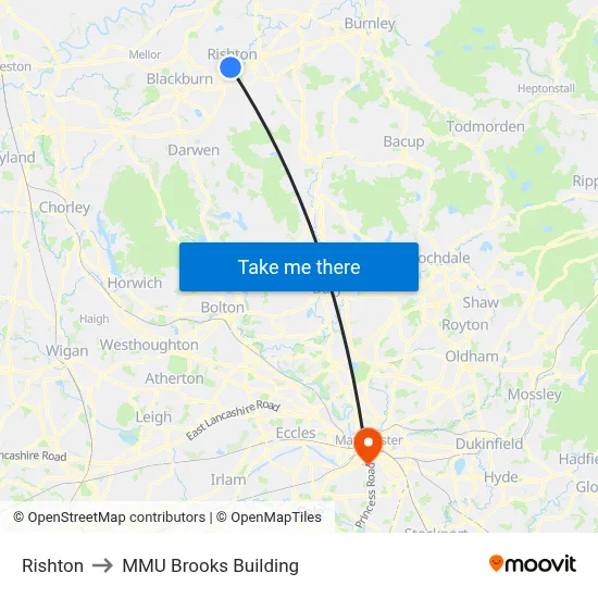 Rishton to MMU Brooks Building map
