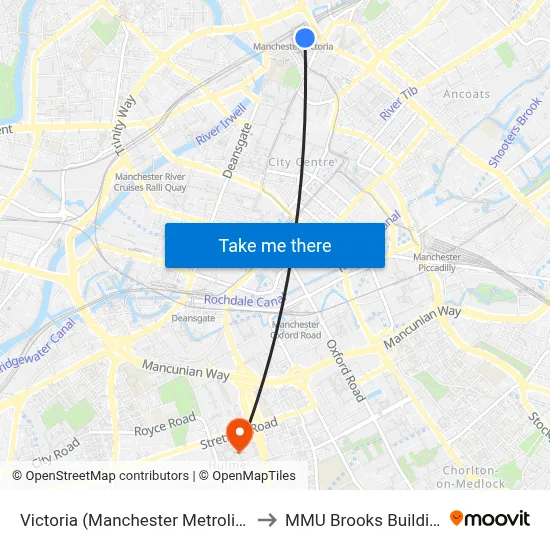 Victoria (Manchester Metrolink) to MMU Brooks Building map