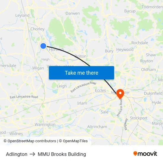 Adlington to MMU Brooks Building map