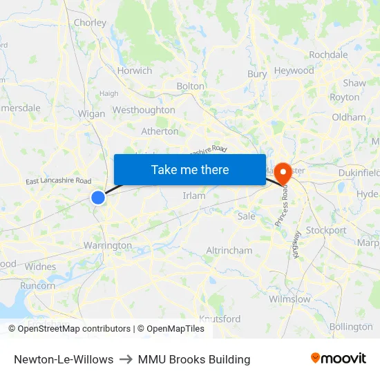 Newton-Le-Willows to MMU Brooks Building map