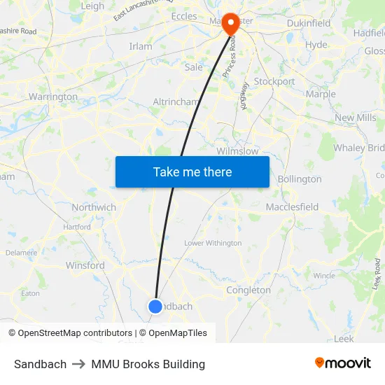 Sandbach to MMU Brooks Building map