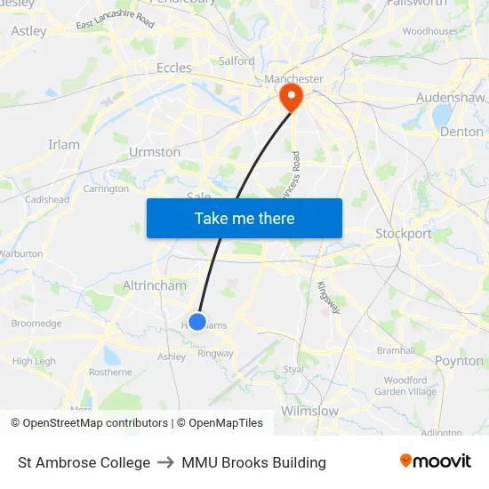 St Ambrose College to MMU Brooks Building map