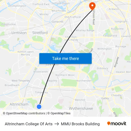 Altrincham College Of Arts to MMU Brooks Building map