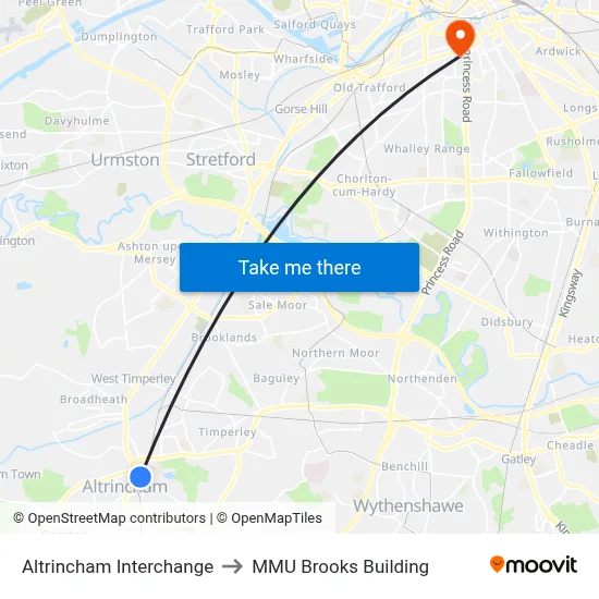 Altrincham Interchange to MMU Brooks Building map