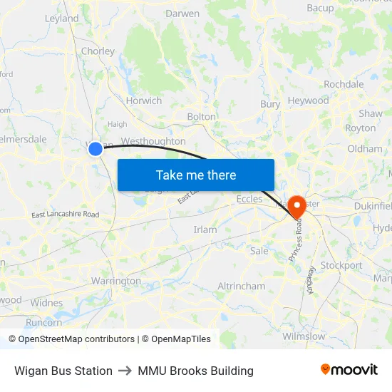 Wigan Bus Station to MMU Brooks Building map