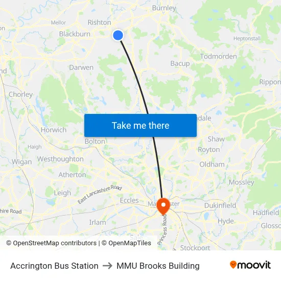 Accrington Bus Station to MMU Brooks Building map