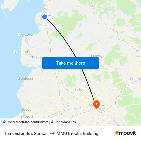 Lancaster Bus Station to MMU Brooks Building map