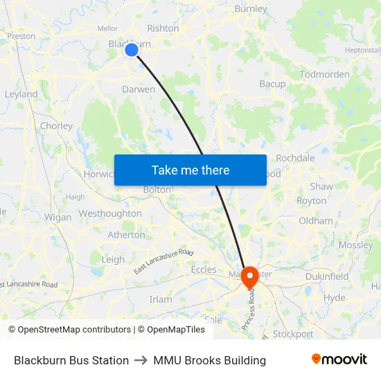 Blackburn Bus Station to MMU Brooks Building map